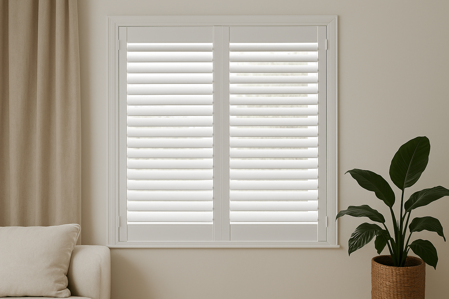 Plantation shutters installed in modern living room